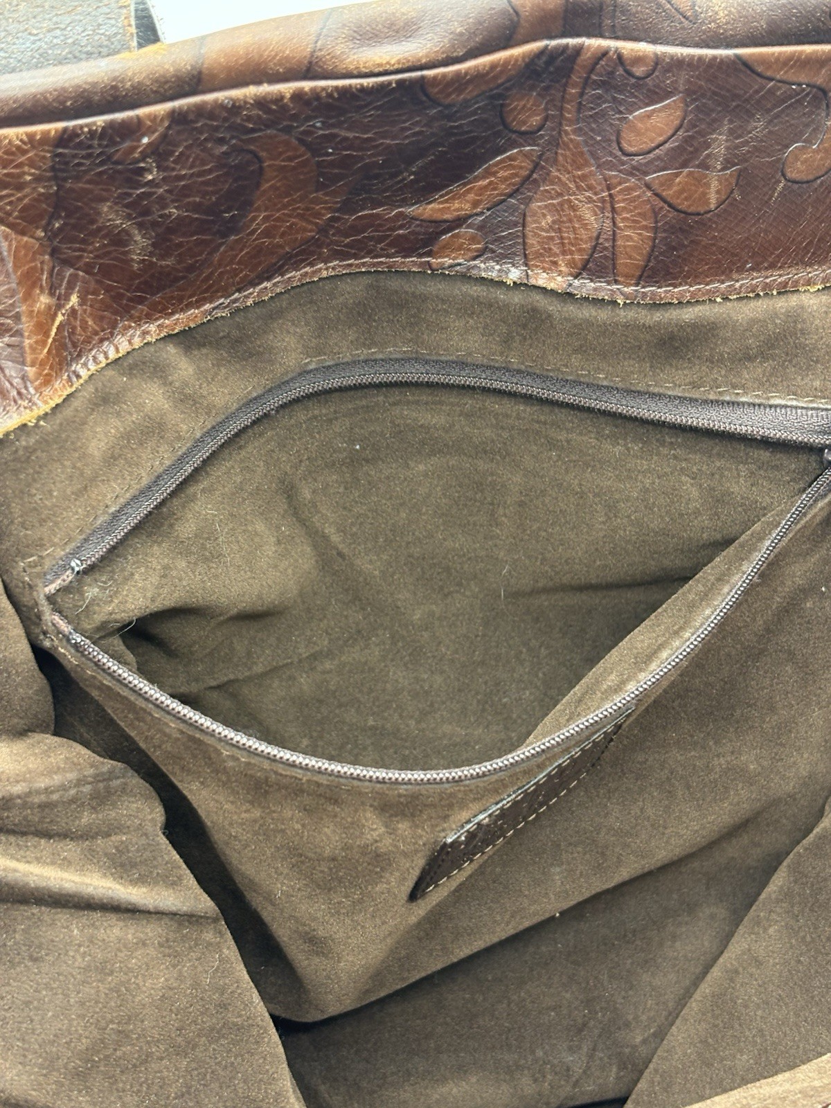 FALOR Italy Tote Bag, Tan Brown Leather Embossed Paisley Large Bag, 16″ x 16″