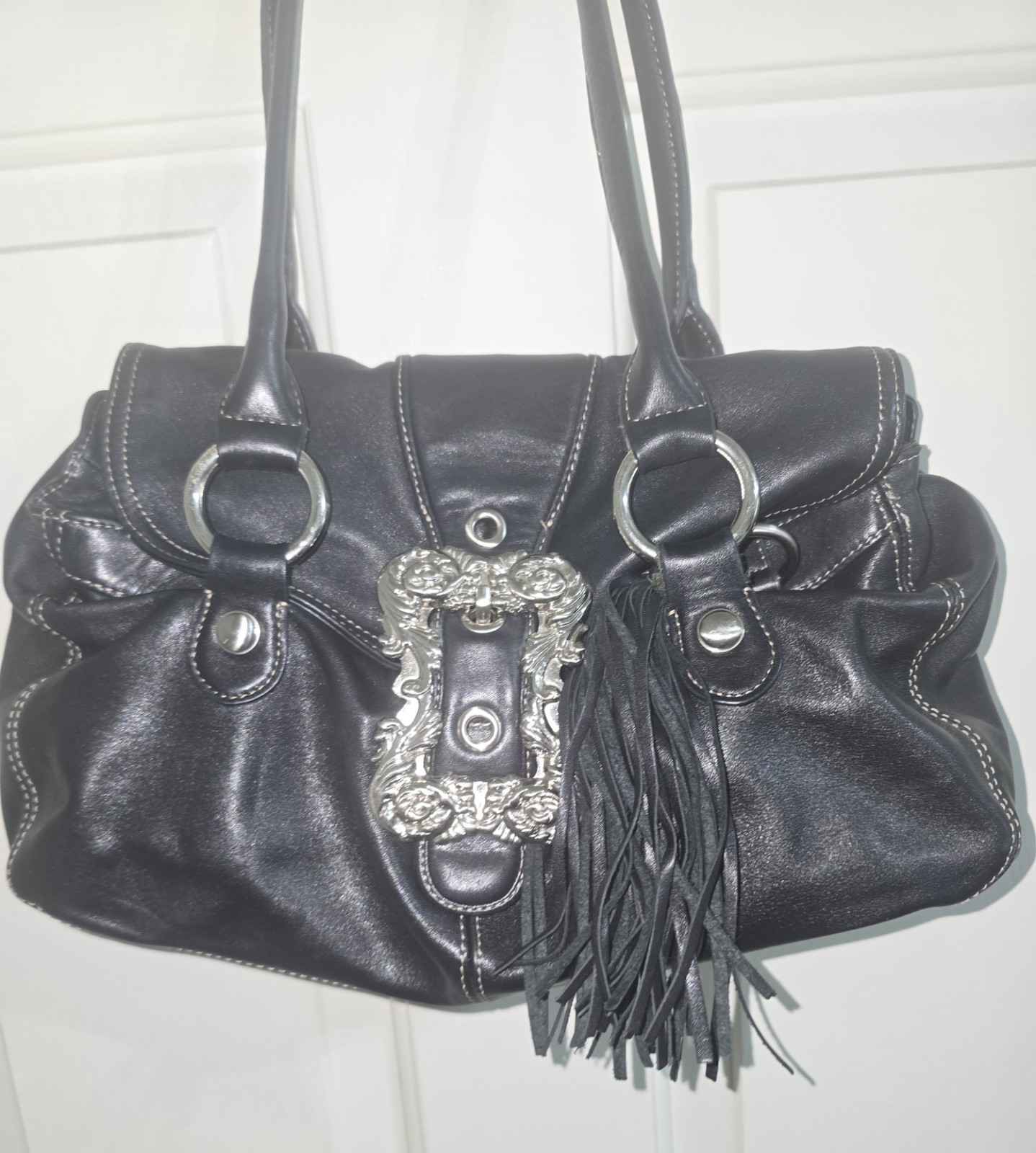 B. Makowsky Black Medium Shoulder Bag Buckle Tassel Silver Hardware Paisley