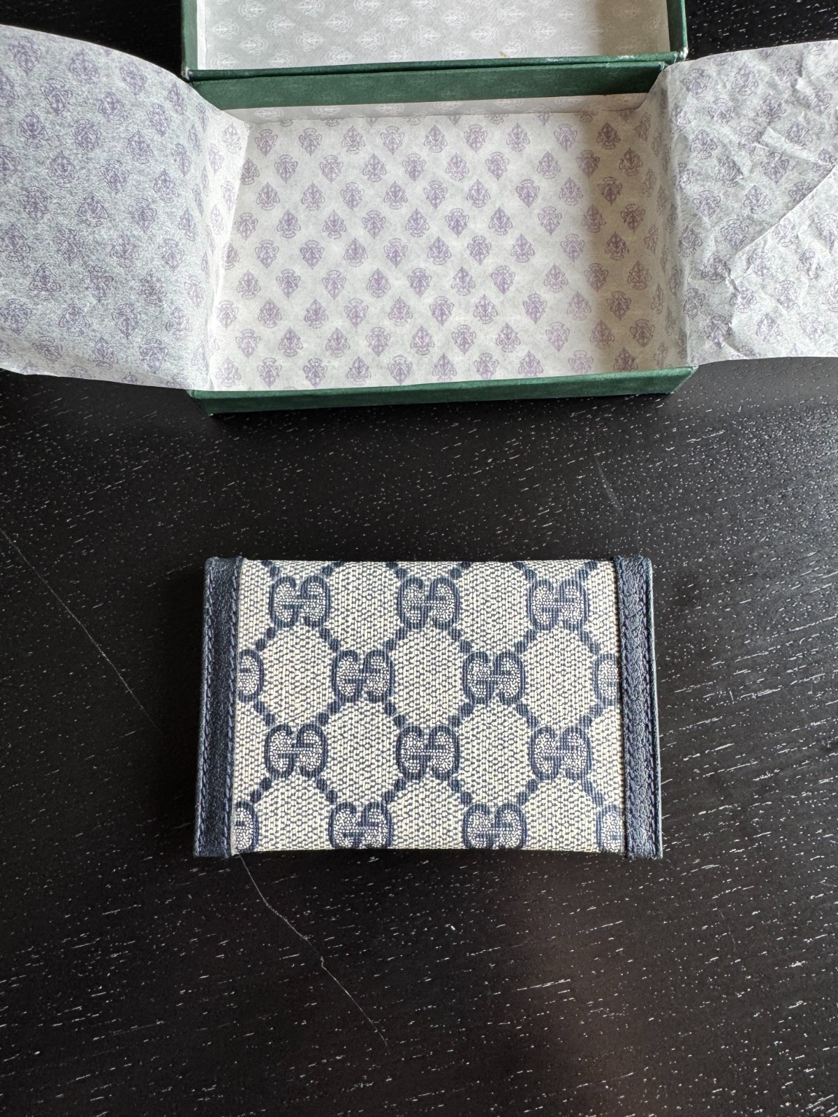 Vintage Gucci Canvas Card Holder Navy Beige Late 1980s Original Box and Paper