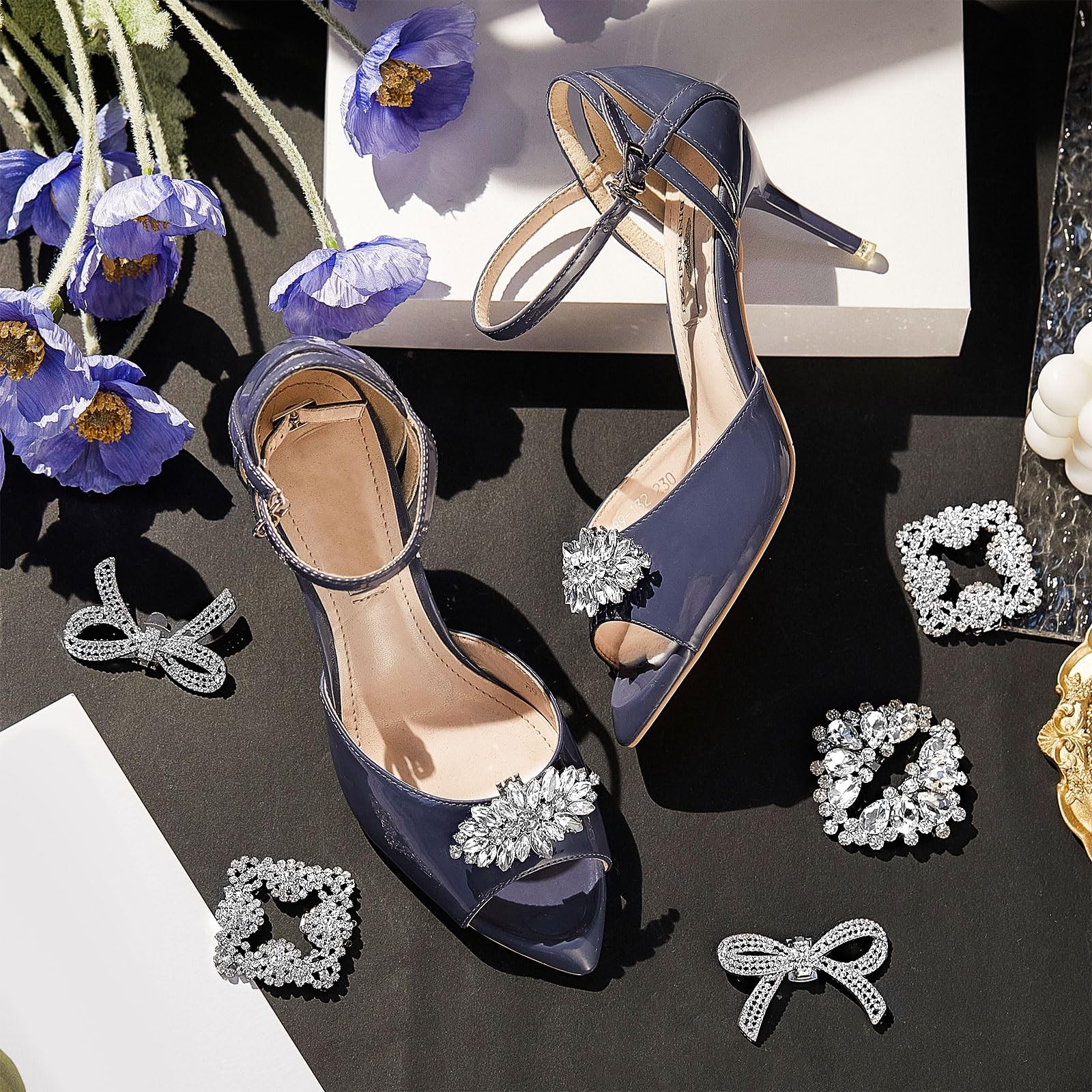 4 Pairs Rhinestone Pearl Bow Square Wing Shoe Clips for Women Charms