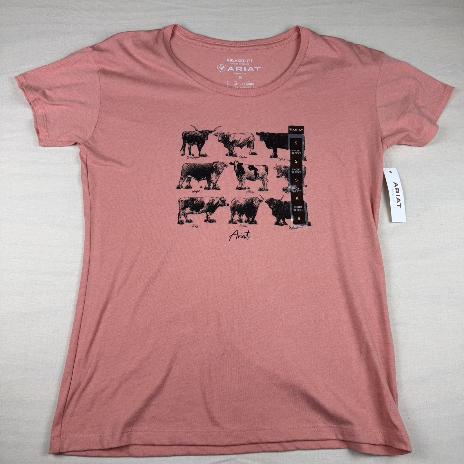 Ariat Women’s Cow Chart Graphic T-Shirt Pink Relaxed Fit Short Sleeve NWT S