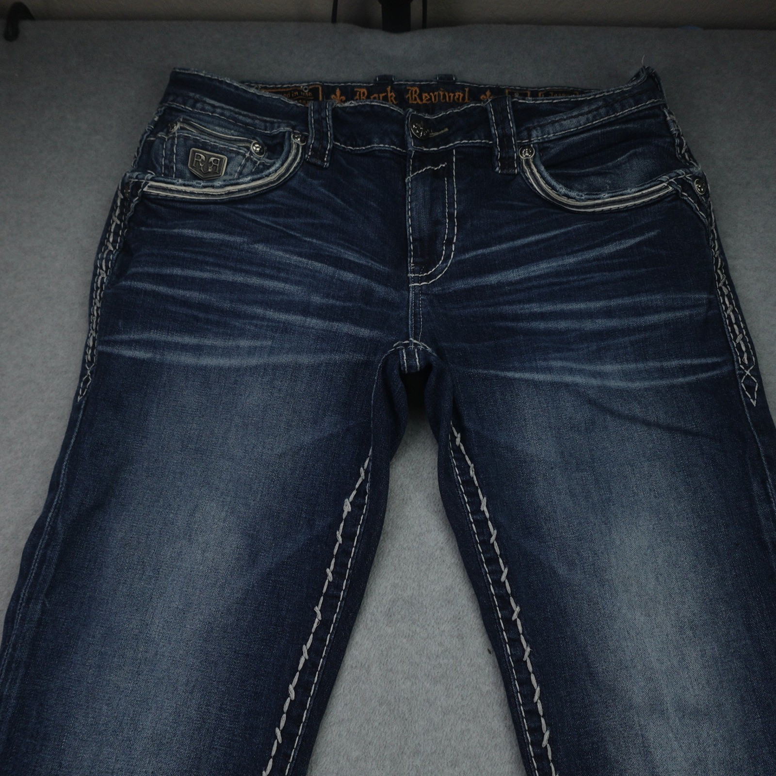 Rock Revival Jeans Mens 36 Blue Distressed Stitch Jaser Straight Denim