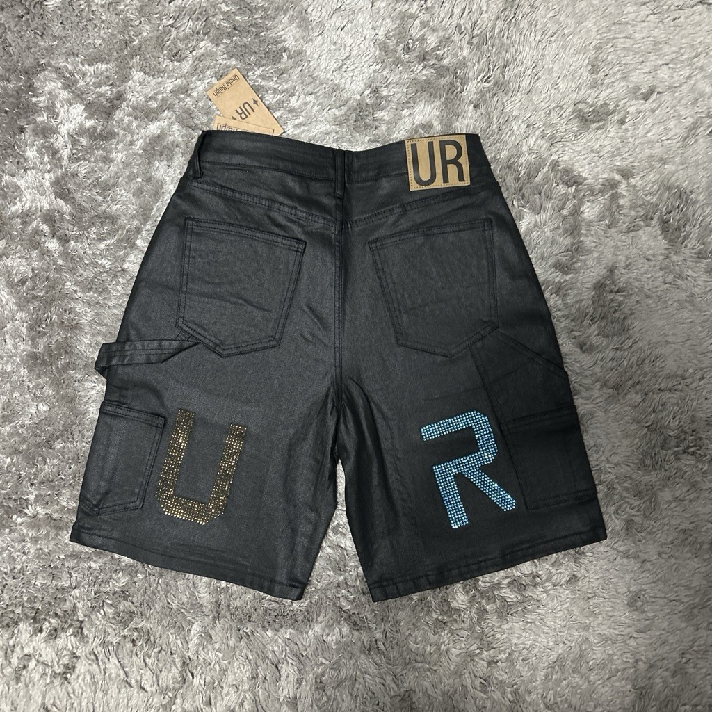 UR Men’s Black Dark Wash Denim Shorts Rhinestone Cross Flat Front Pockets