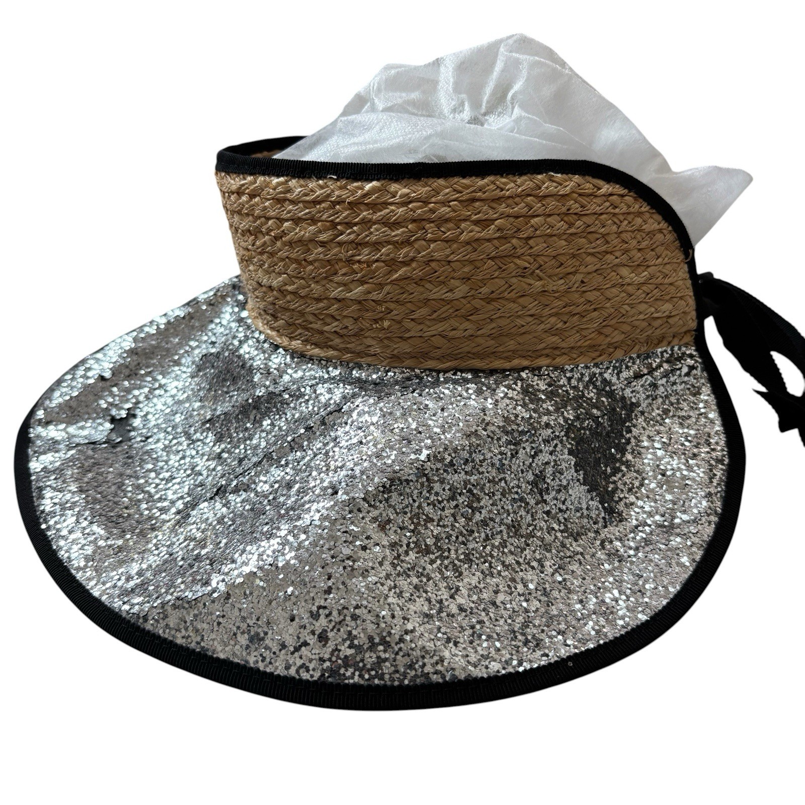 Miu Miu Glitter Sun Visor Hat Silver Black Straw Vintage Archive Italy Y2K S
