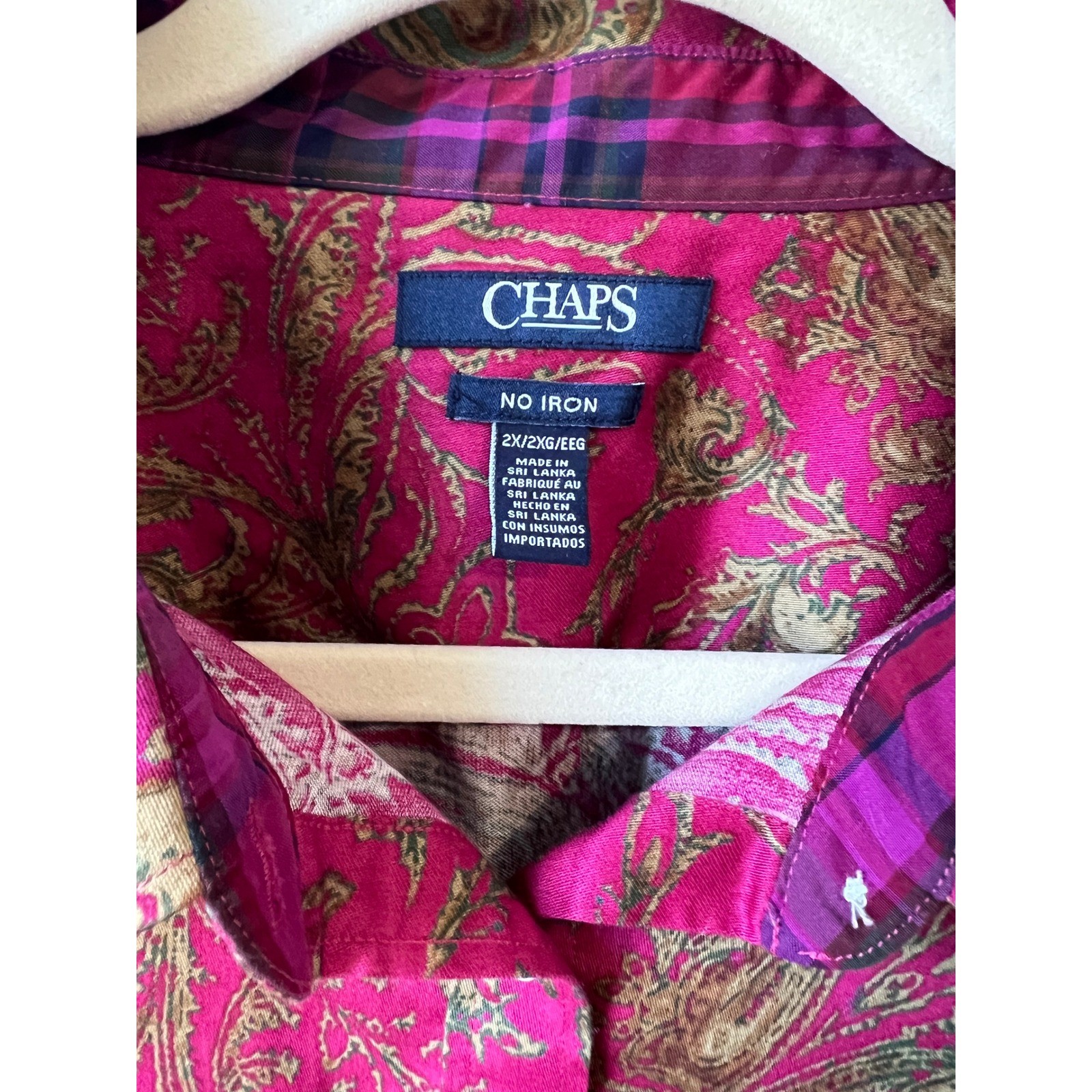 Chaps Boho Paisley Cotton Button Down Shirt Preppy No Iron Plaid Cuffs Size 2X