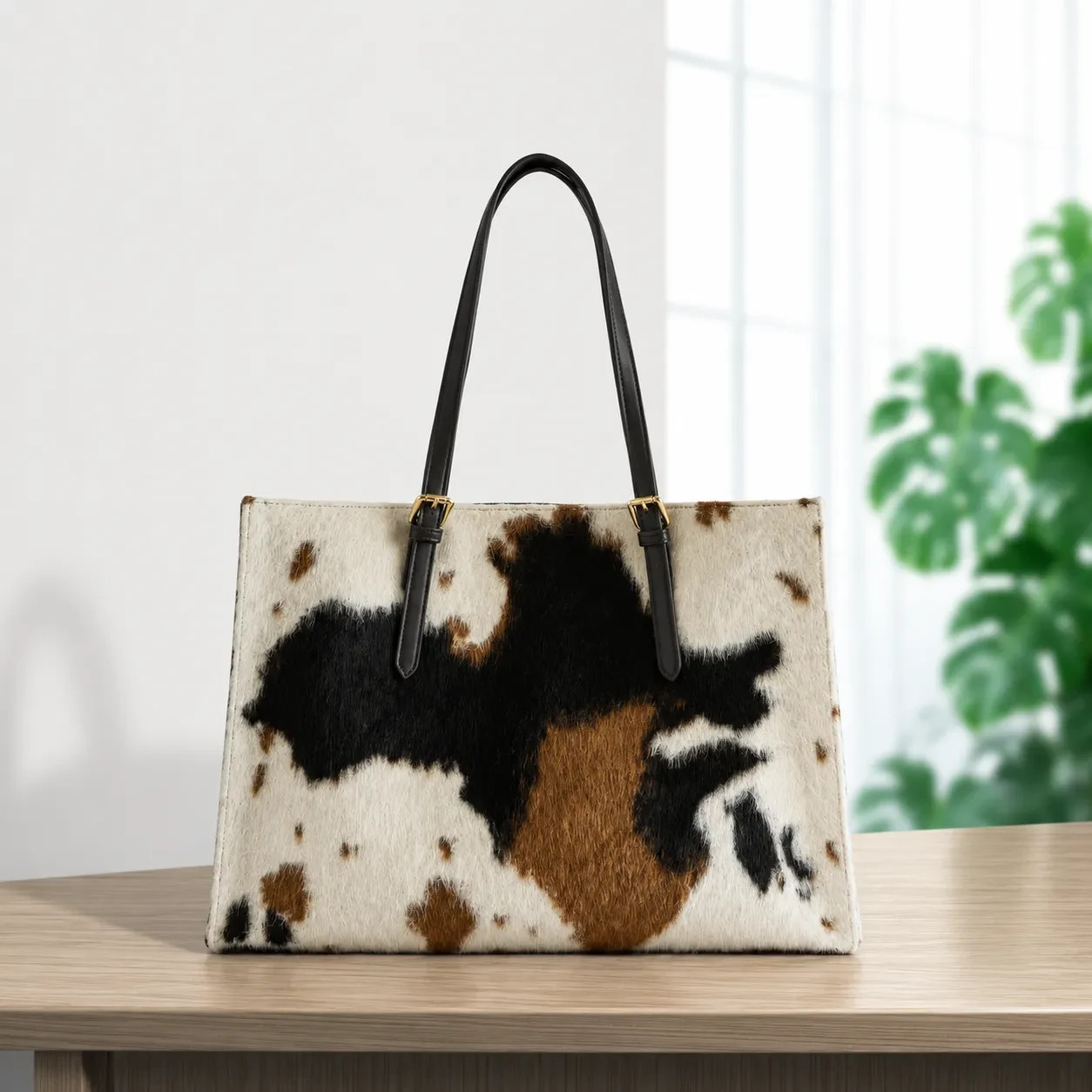 Handmade Natural Tricolor Black Brown & White Hair-On Cowhide Leather Bag