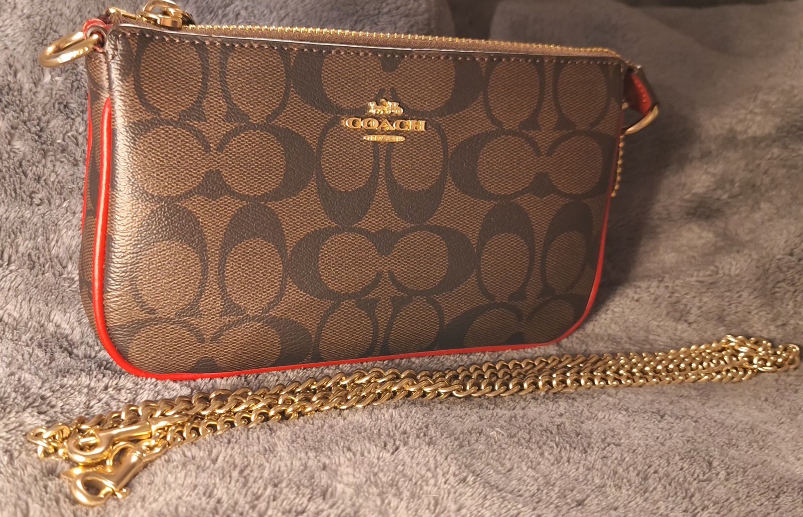 COACH Nolita 19 Signature Canvas BROWN / RED C3308 EUC + Gold Crossbody Chain