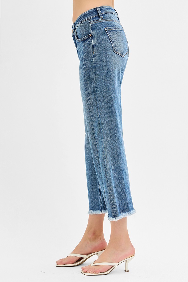 NWT Risen Denim Crop Jeans Medium Blue with Stretch Frayed Hem