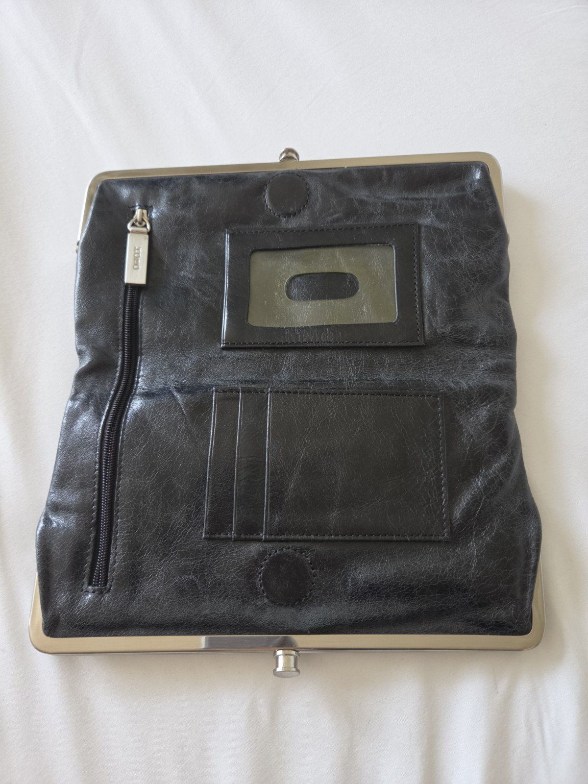 HOBO International Black Genuine Leather Kiss Lock Frame Clutch Wallet Floral