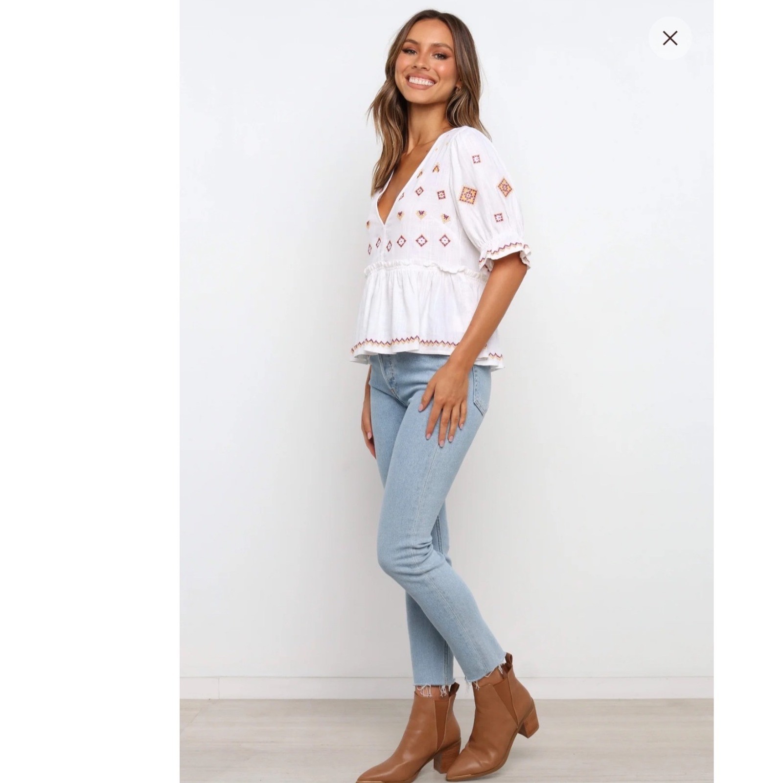 Petal & Pup Dawston Top White Embroidered V-Neck Boho Linen Blend Peplum Blouse