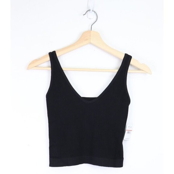 NWT Free People Solid Rib Brami Crop Cami V-Neck Tank Top Black Ribbed XS/S