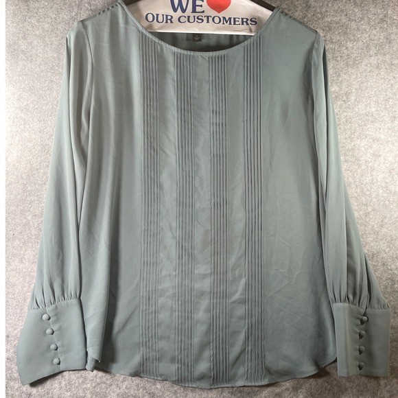 Ann Taylor Pintuck Pleated Blouse Sage Green Long Sleeve Button Cuff Top XL