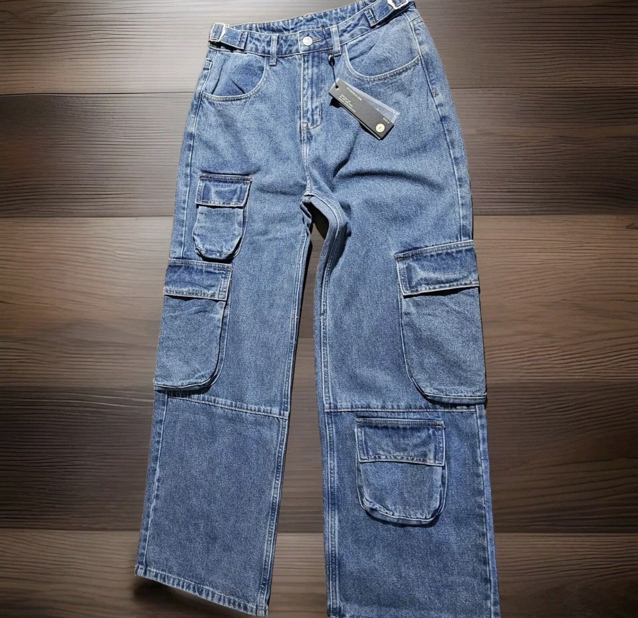 YoungLa Jeans Women’s SZ LG Blue Wash Straight Leg Cargo Utility 29.5×30.5 NWT