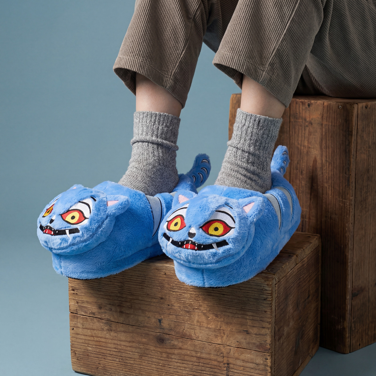 Derpy Blue Tiger Minhwa Plush Slippers (Youth and Adult Sizes)