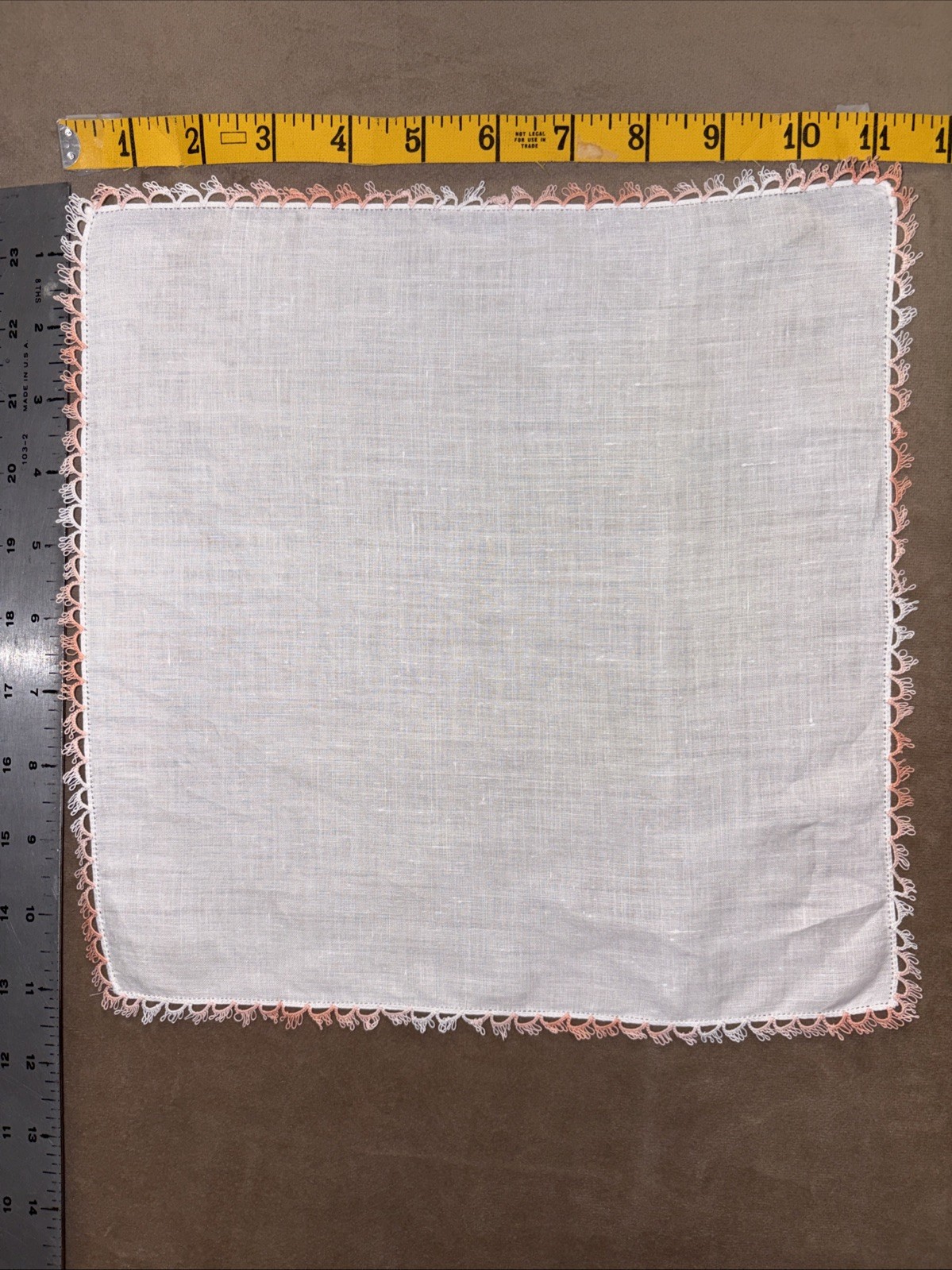 Handkerchief Linen Tatted Pink Blush Edging Vintage Hanky Nice!