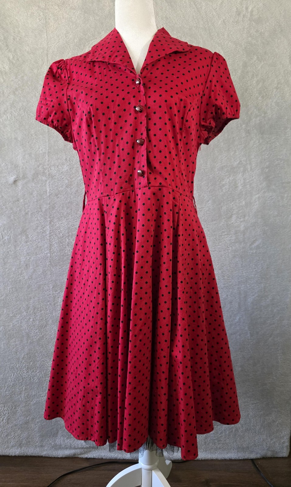 GUC Hearts & Roses Dress Womens 12 Red Polka Dot Fit Flare 50s Rockabilly READ