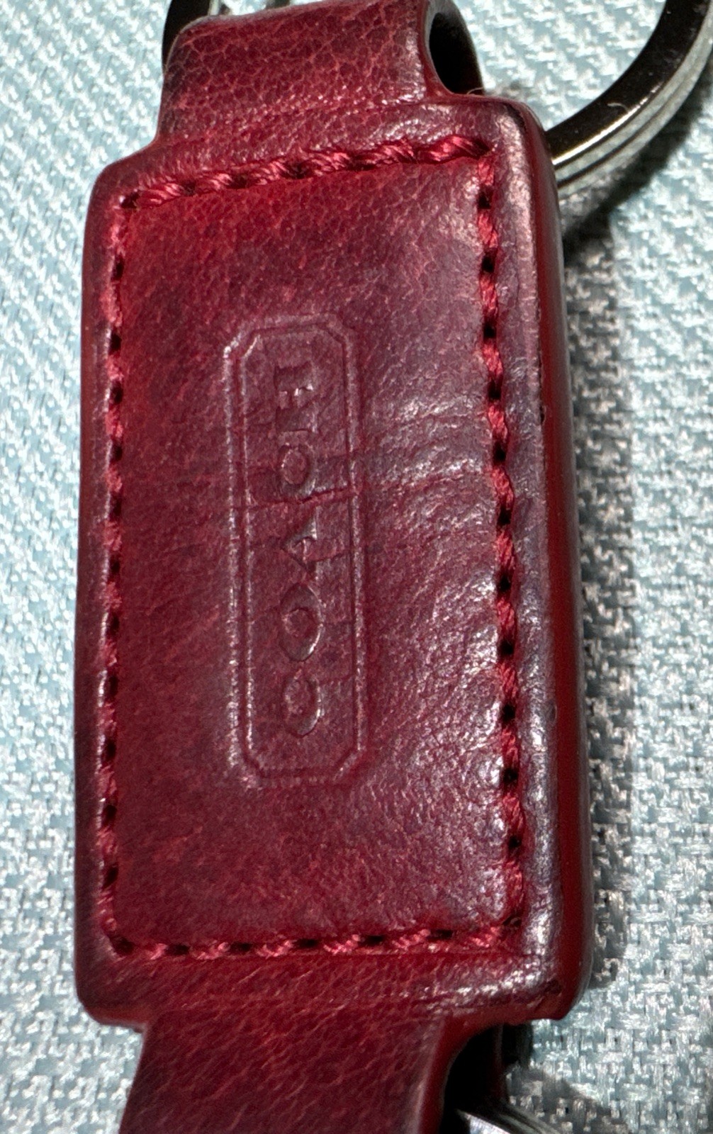 Coach Deep Red Leather Double Ring Snap Keychain