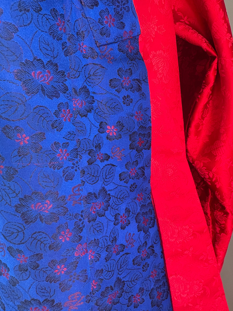 Vintage Korea Red Blue Brocade Embroidered Hanbok Durumagi Overcoat Traditional