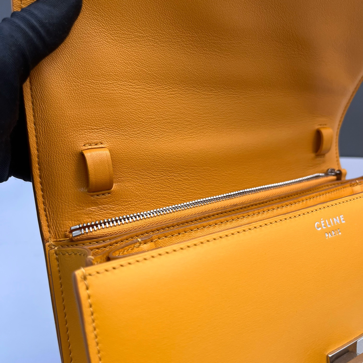 Authentic Celine Classic Box Smooth Calfskin Shoulder Bag Yellow Silver-Tone