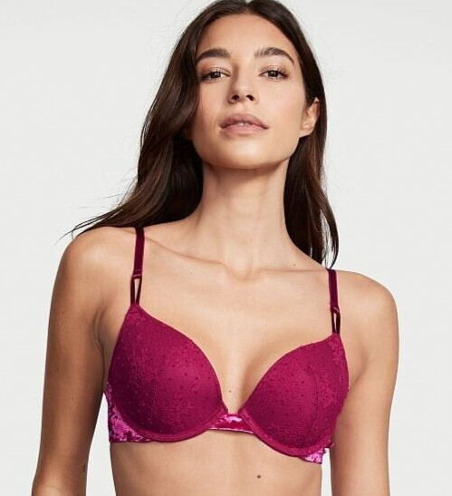 38DD Berry Pink LACE VELVET Wings Extreme Lift Victorias Secret Plunge PU UW Bra