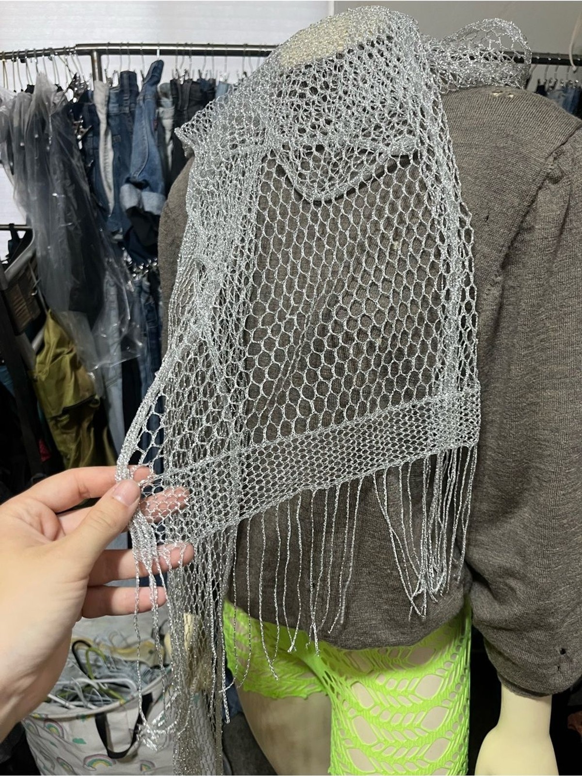 Delicate Silver Mesh Net Scarf – Lightweight Long with Fringe Sheer
