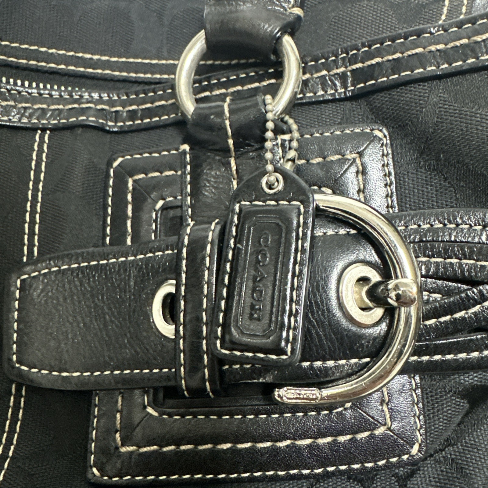 Coach Black Satchel Braided Buckle Accent Logo Zip Silver Hardware Inner Pockets