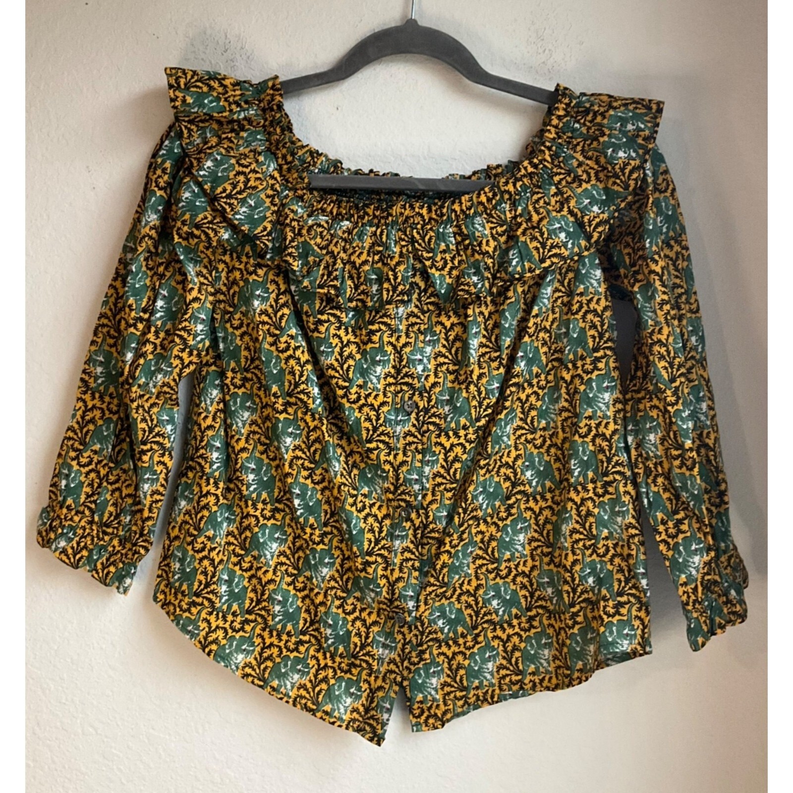 New J Crew sz. 0 shirt Off-the-shoulder Ratti elephant novelty cotton Safari