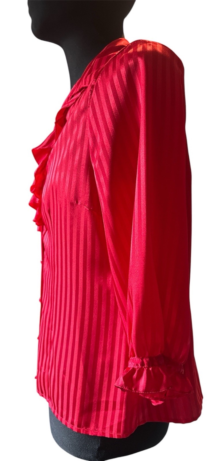 Notations VTG red ribbon stripe cascading ruffle secretary blouse Romantic Top L