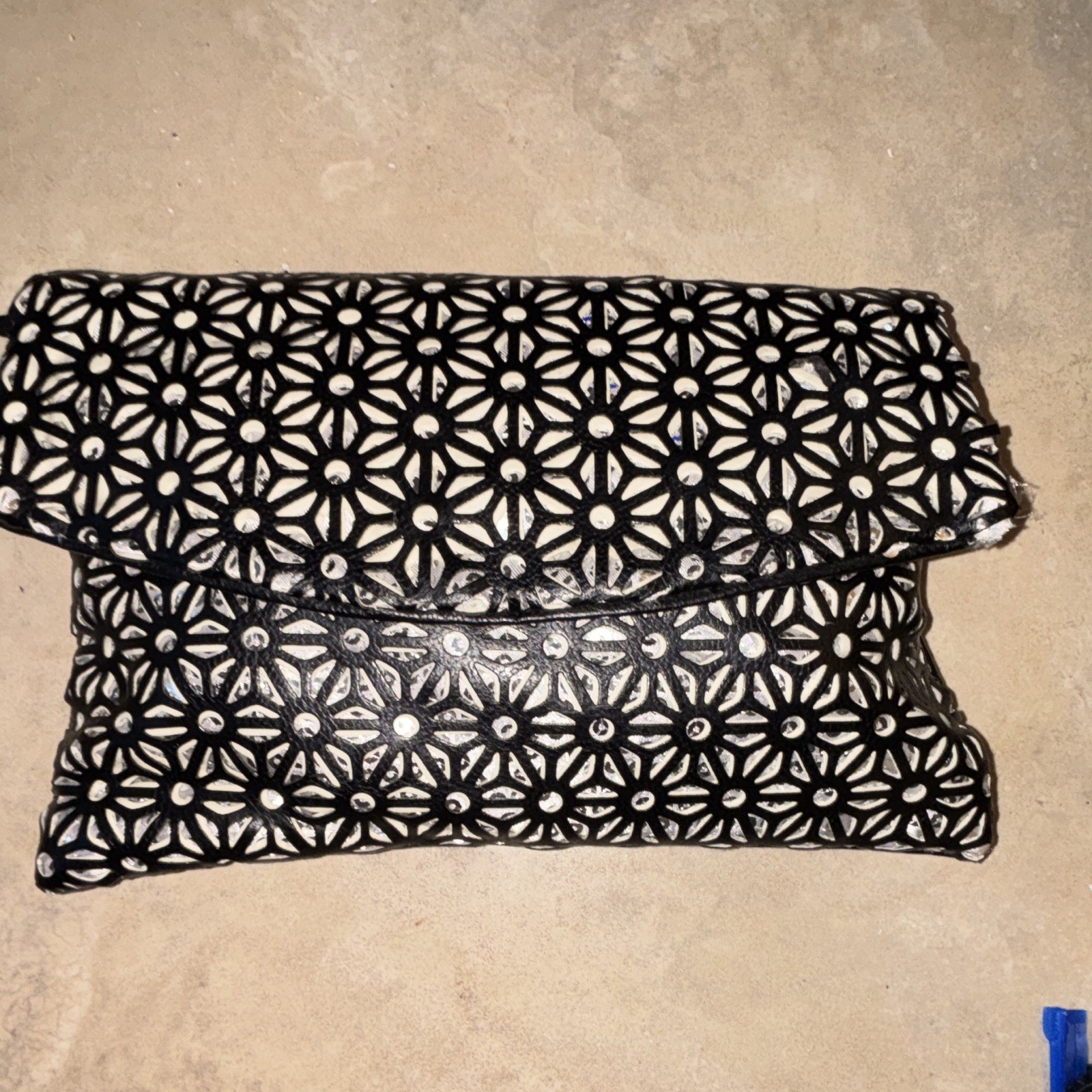 Black Floral Cutout Clutch Purse Crossbody Detachable Silver Chain Zip Magnetic