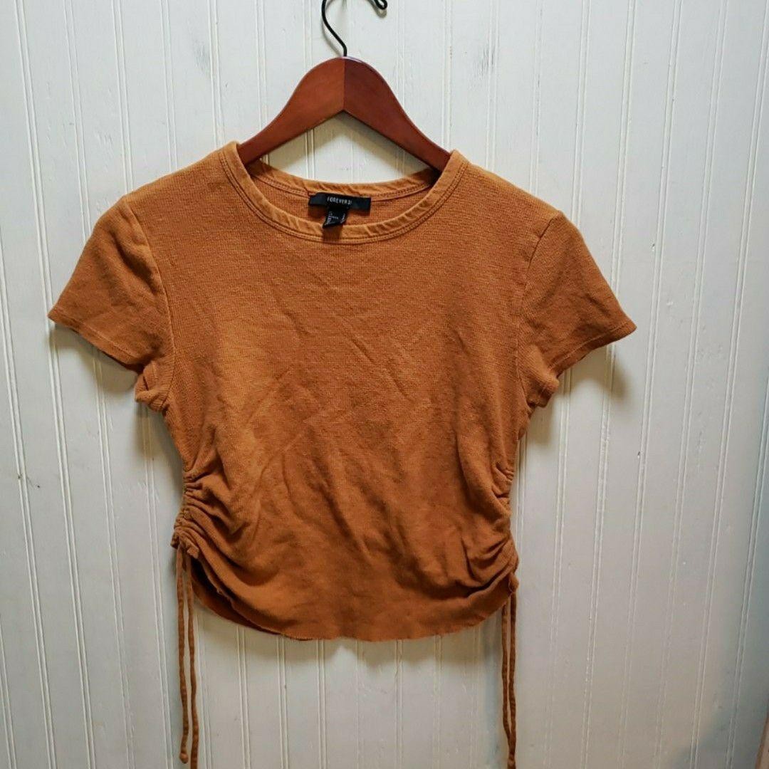 Forever 21 Shirt Juniors Small Brown Crew Neck Short Sleeve Ruched Crop Top