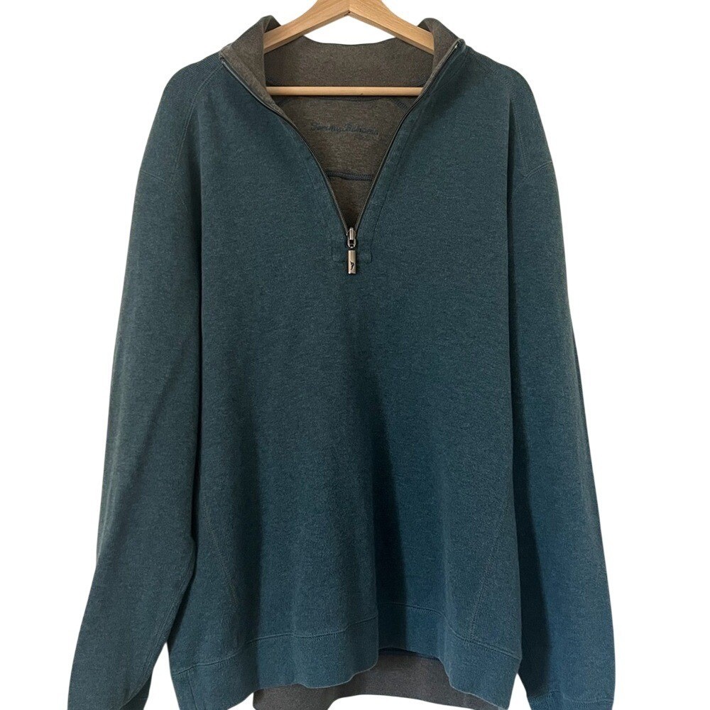 Tommy Bahama Mens Reversible Quarter Zip Pullover Sweatshirt Teal Grey XL