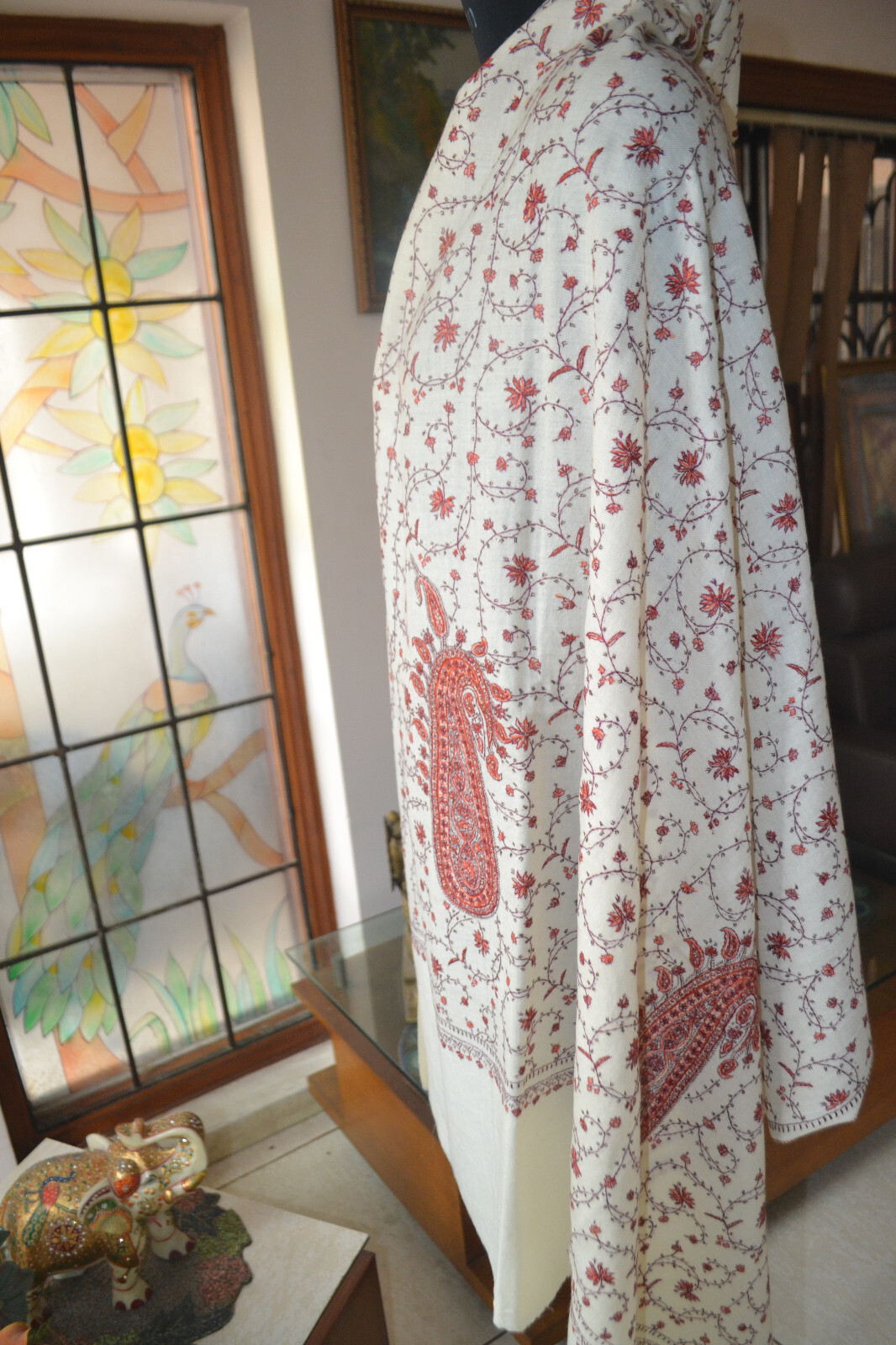 WHITE MICRO JAAL KASHMIRI HAND EMBROIDERY WEDDING SHAWL 100% CASHMERE PASHMINA