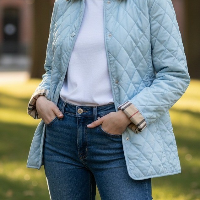 BURBERRY London Light Blue Quilted Nova Check Jacket XS Preppy Luxury Designer