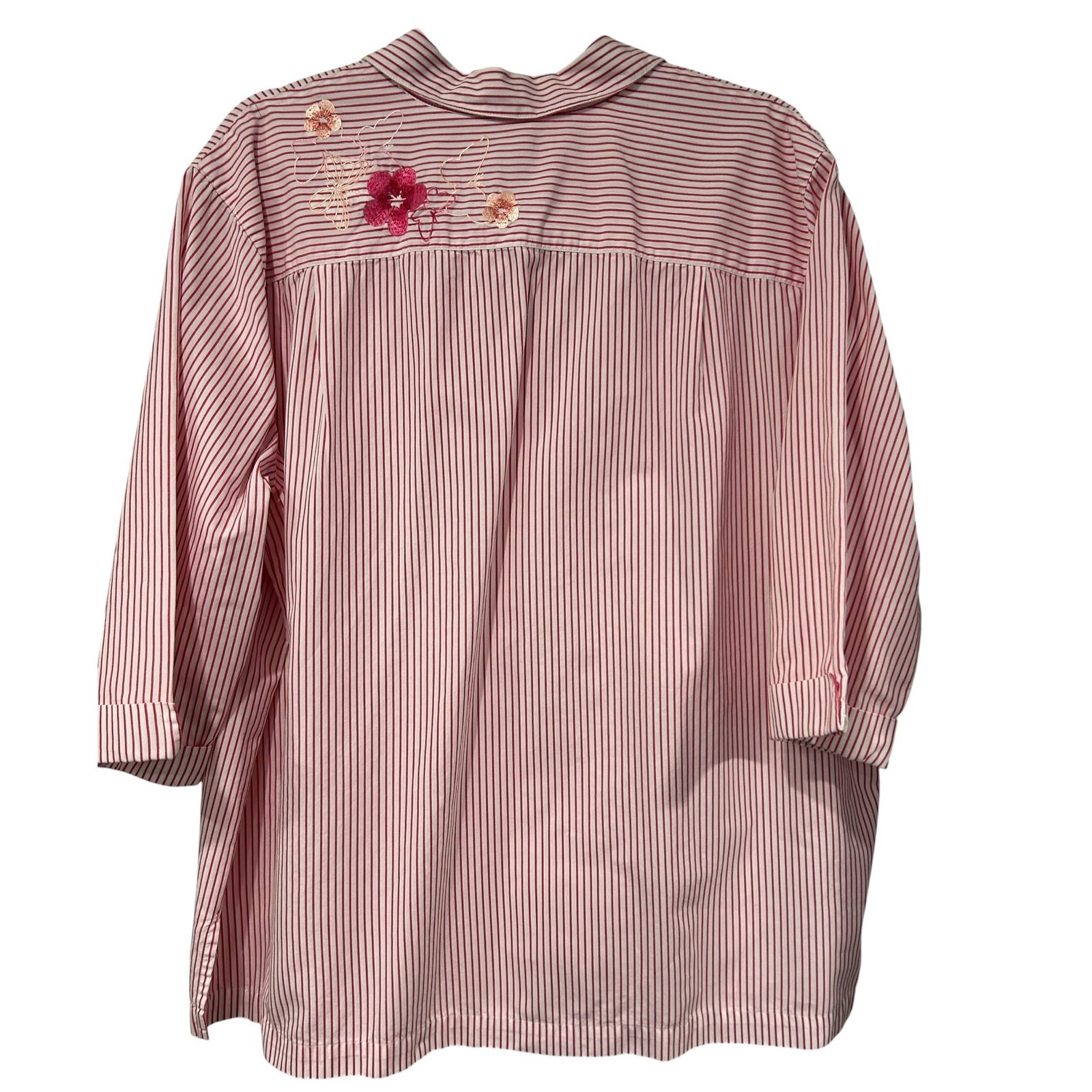 Embroidered Floral Butterfly Stripe Button Shirt Cottage Artsy Pink XL Bechamel