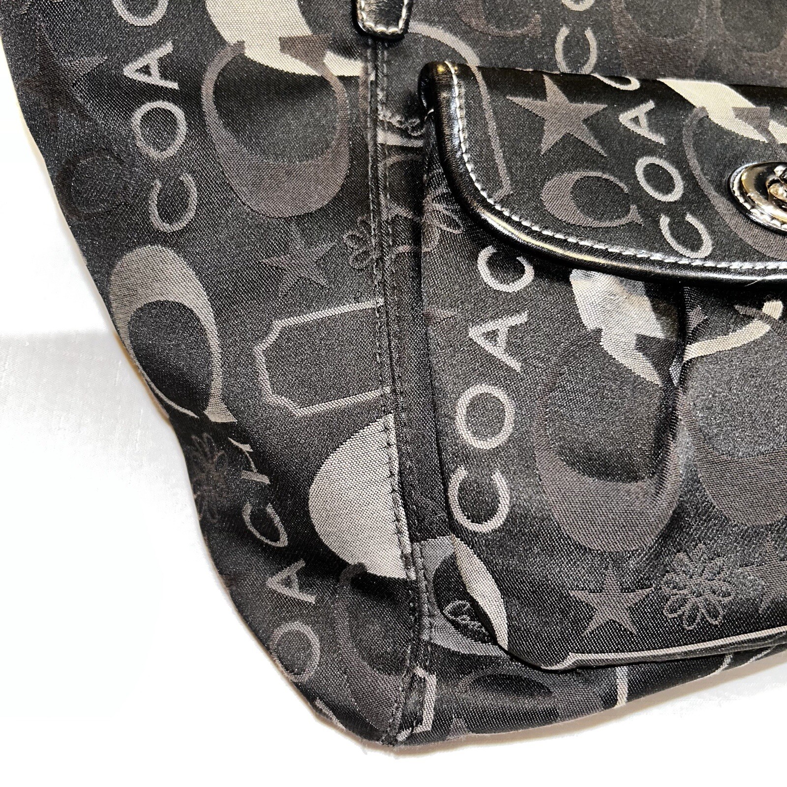 Coach Purse Leah Shoulder Bag Black & Gray stars Sateen #F14654 Silver Hardware