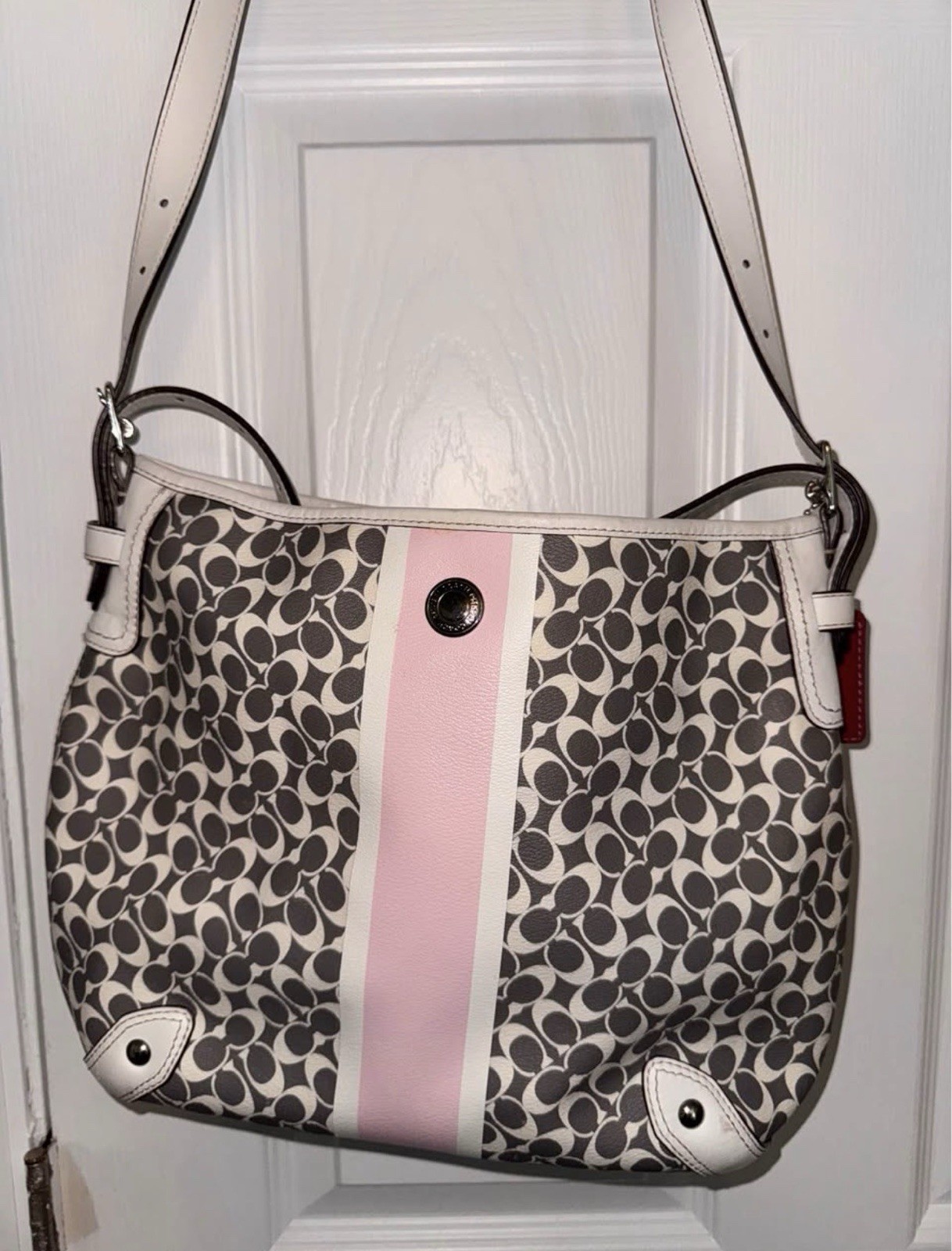 Coach Monogram Shoulder Bag Gray/White w/ Pink Stripe Zip Detachable Strap