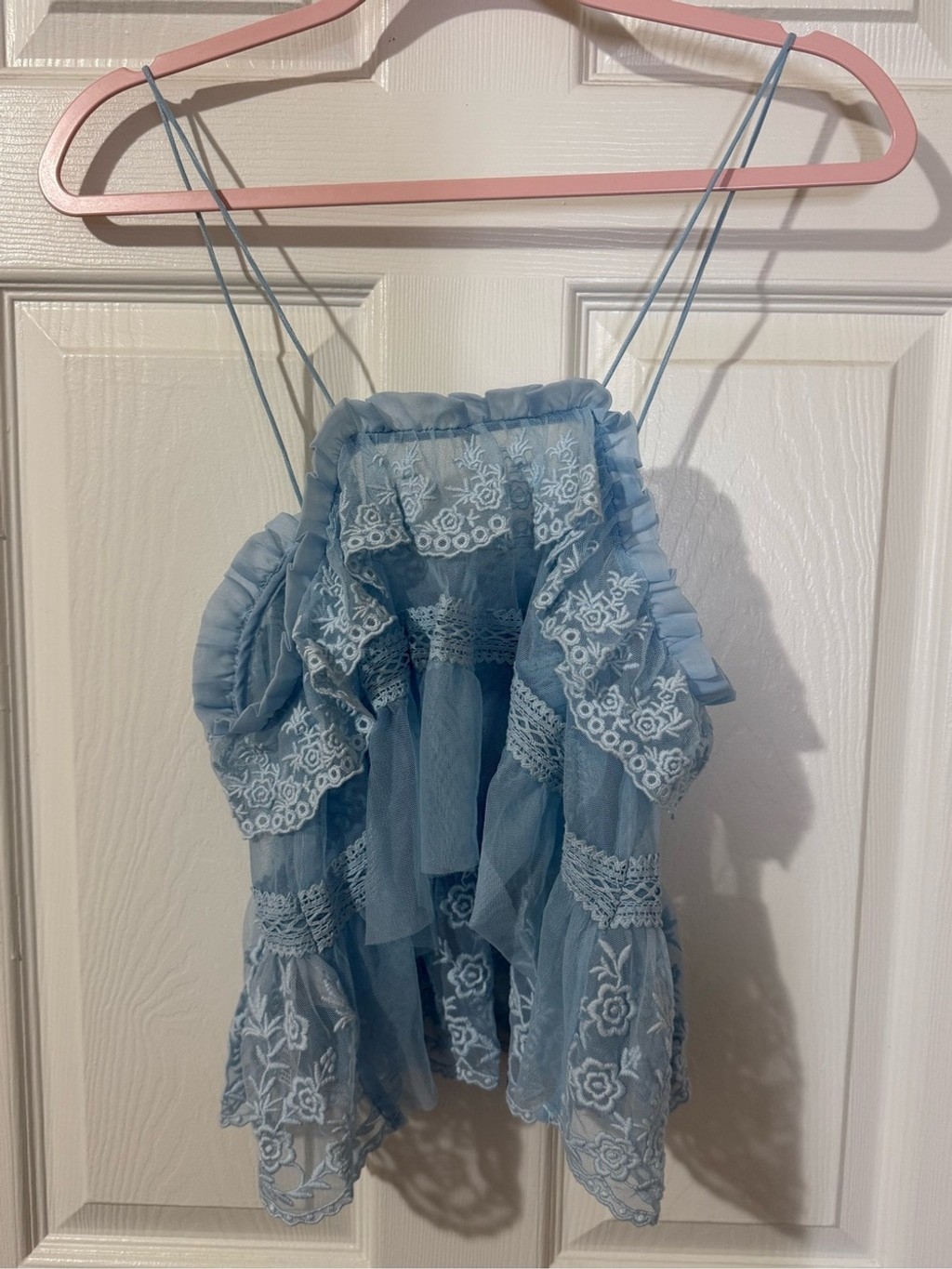 NWOT Free People Sofia Light Blue Lace Ruffle Top