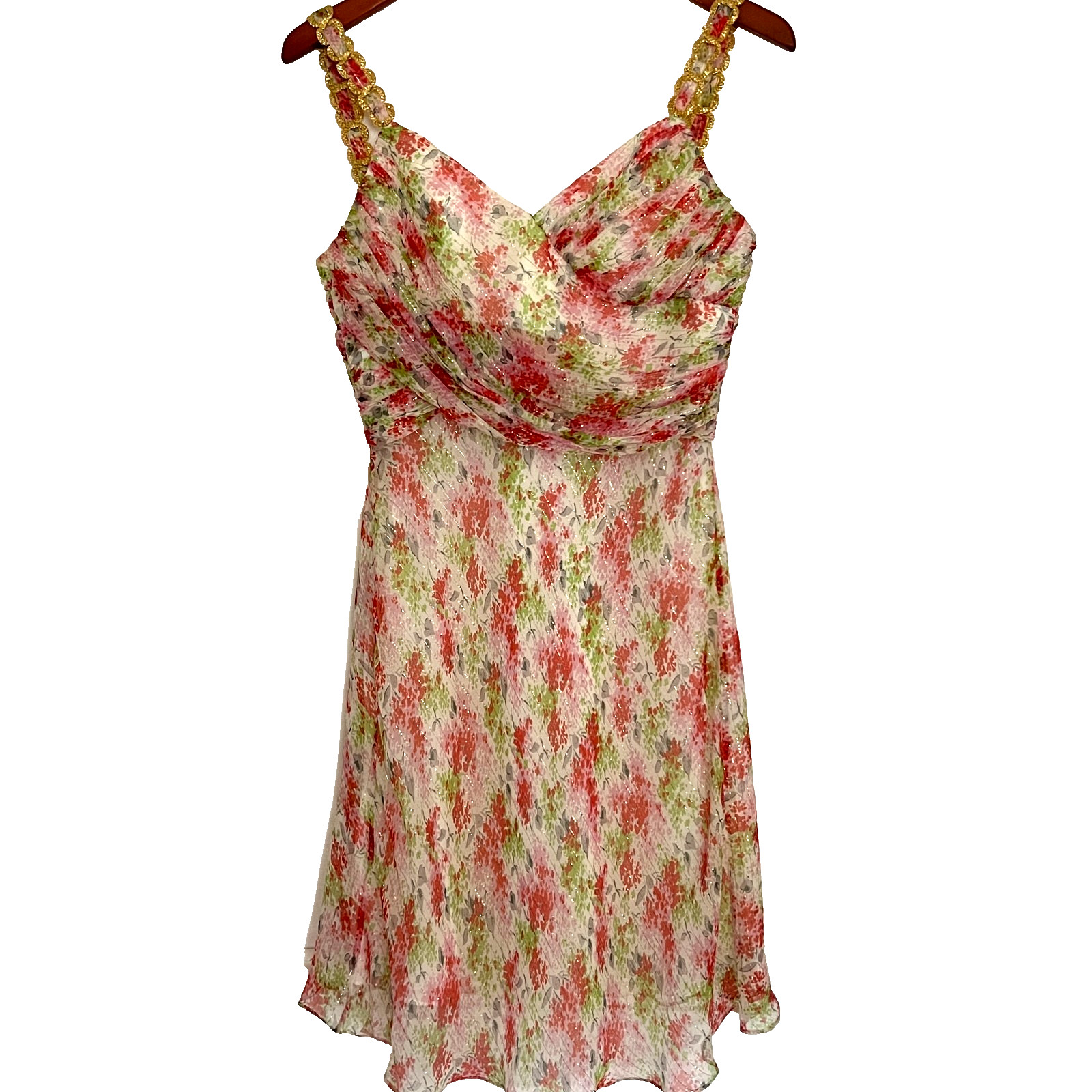 Shoshanna dress 8 silk floral gold metallic threads