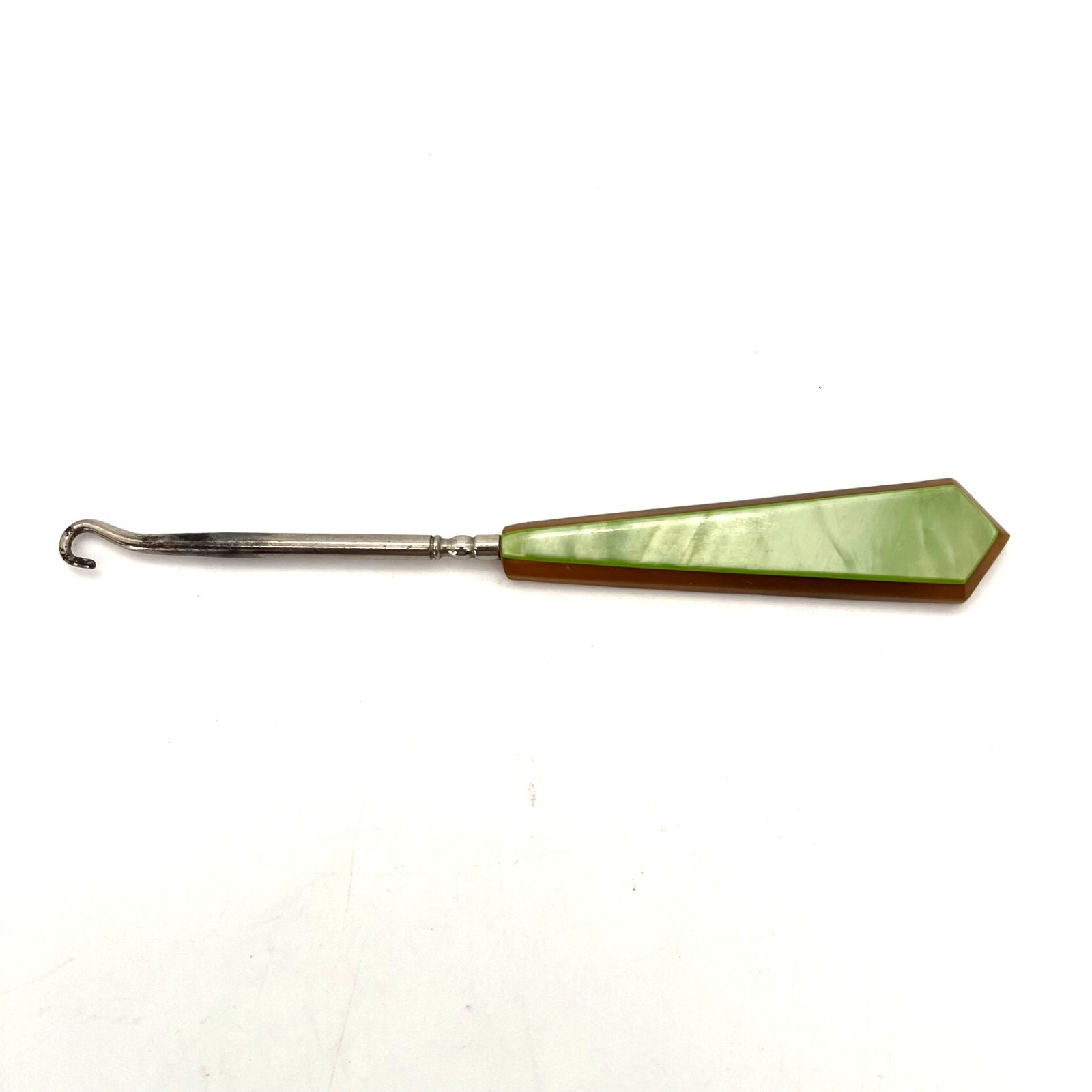 Vintage Victorian Era Bakelite Button Hook Tool Metal Shaft Pearl Green & Brown