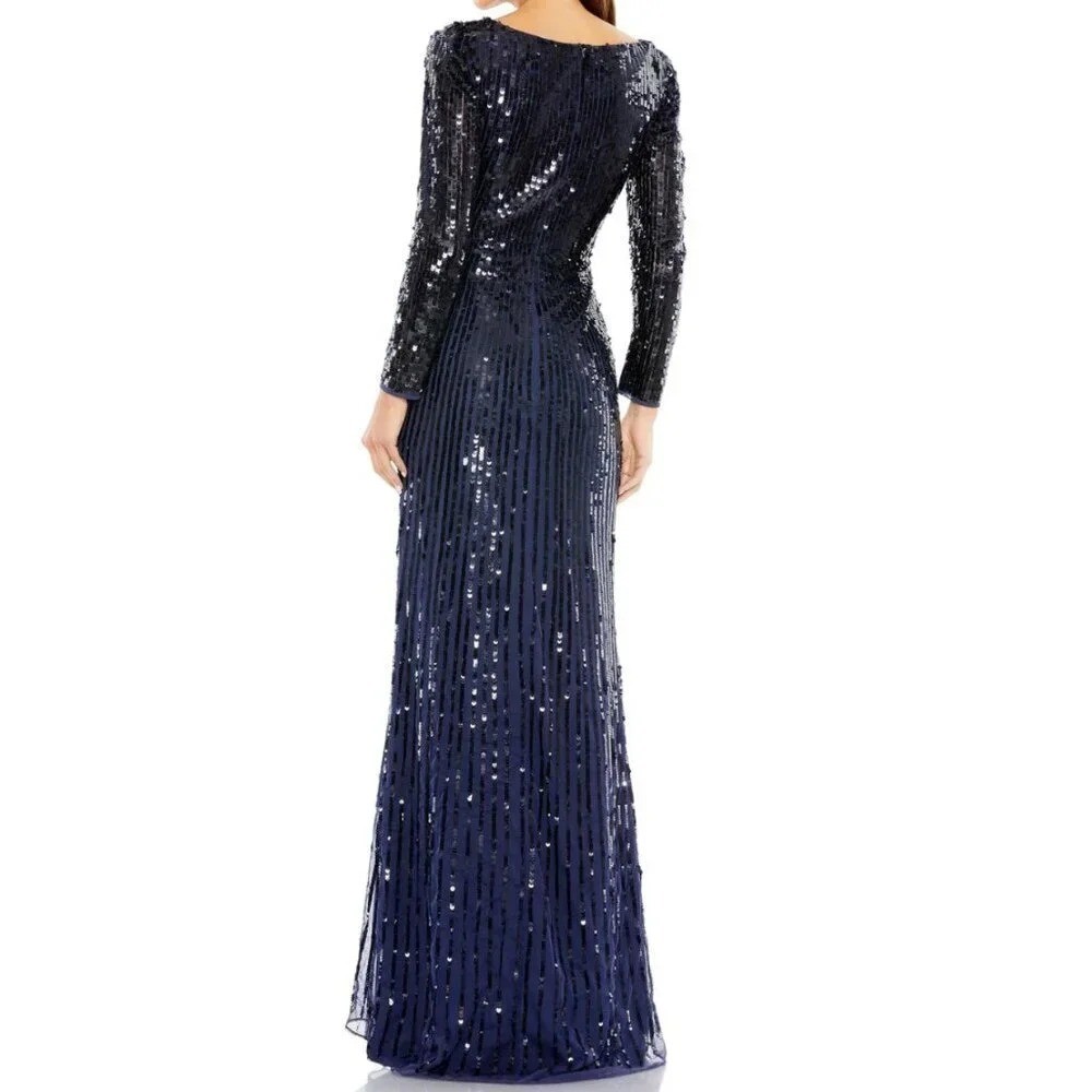 Mac Duggal Sequin Mesh Overlay V-neck Gown in Midnight Blue – Size 20 – Gorgeous