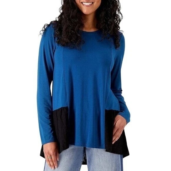 LOGO Lori Goldstein Layered Top Size 1X Rayon 230 Jacquard Hem Deep Sea Blue NEW
