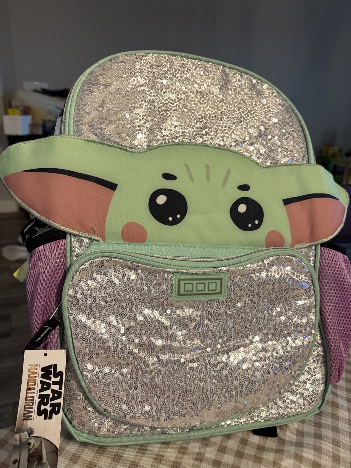 Star Wars The Mandalorian Baby Yoda 17″ Laptop Reflective Backpack Green NEW