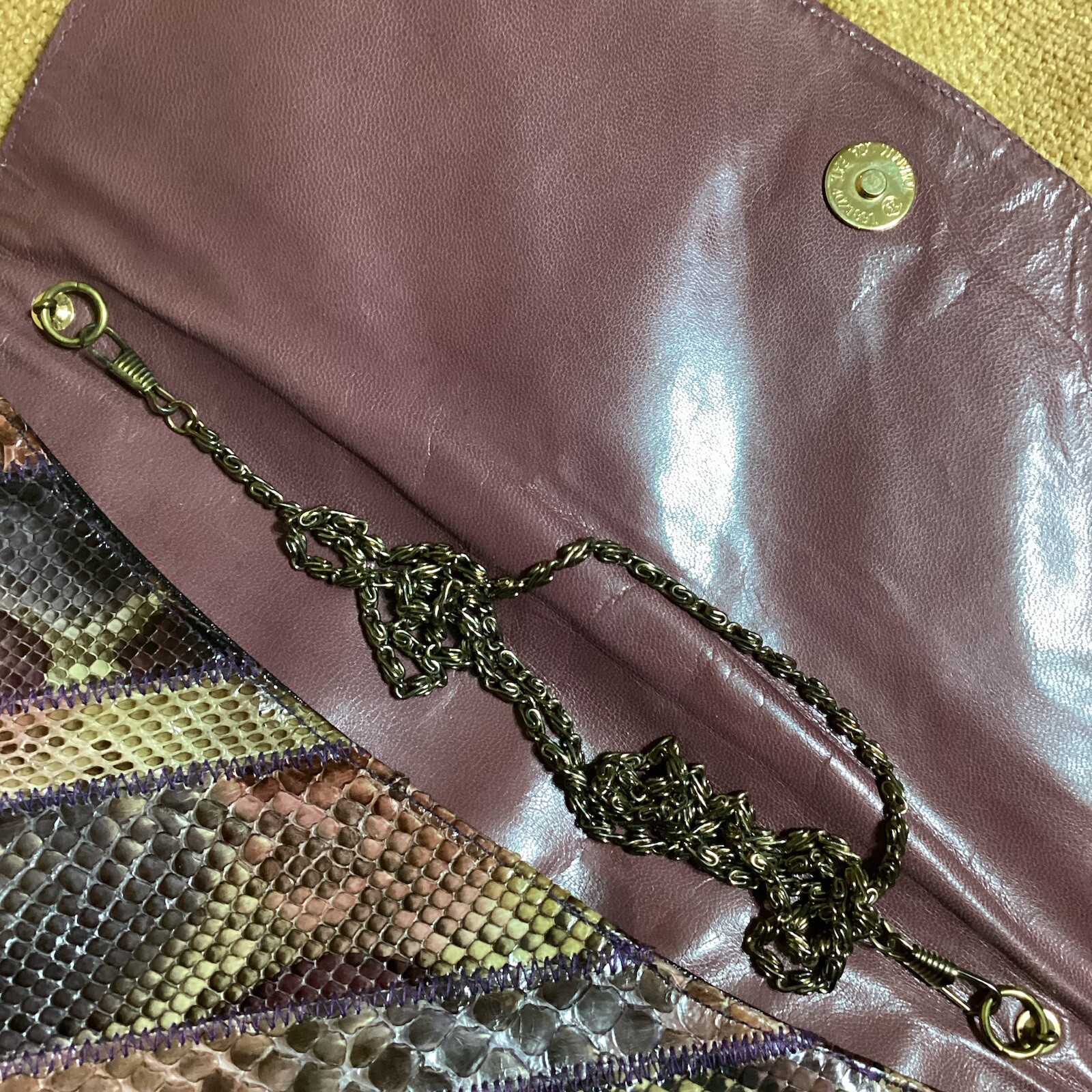 Vtg 80’s Snakeskin Purple/Pink/Beige/Brown Clutch Purse Python Gold Chain Strap