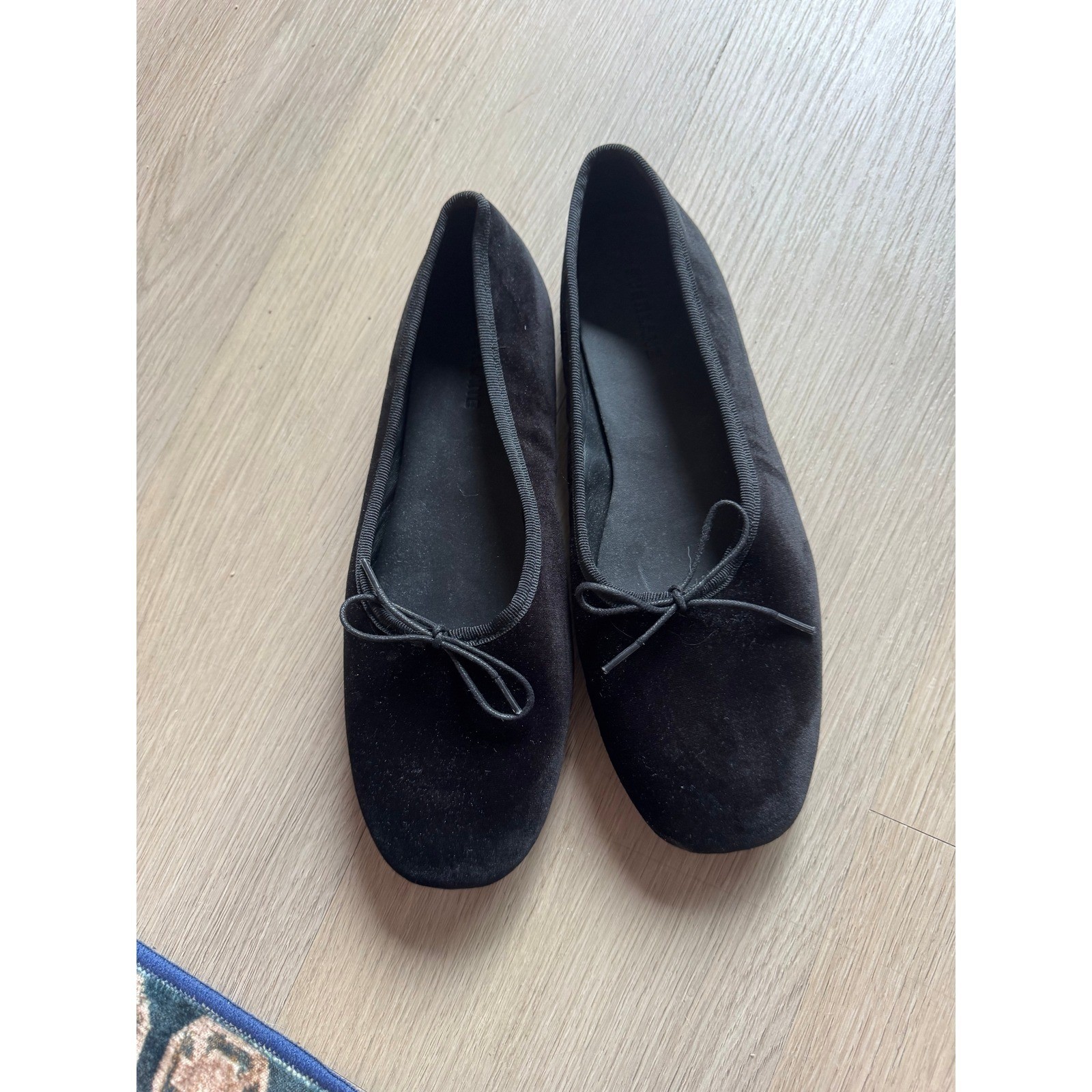 Everlane The Day Ballet Flat Black Velvet Square Toe Bow Shoes 9