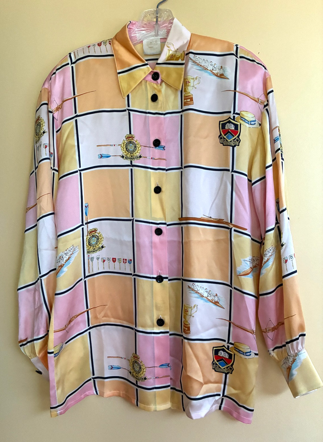 ESCADA SILK LONG BLOUSE IN YELLOW PINK CANOE TOURNAMENT 36 RUNS 10 GERMANY