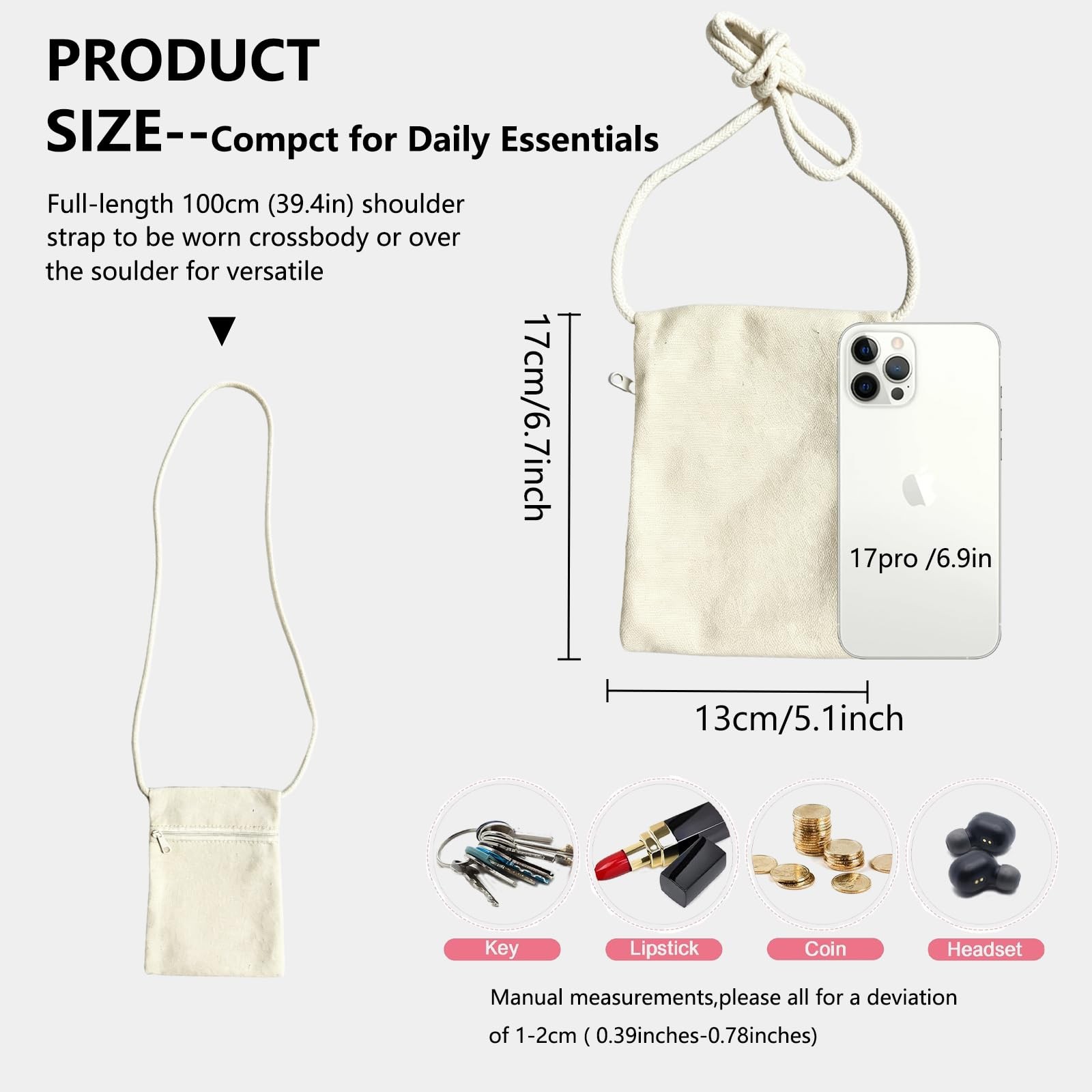 6Pcs 13x17cm Blank Canvas Crossbody Bag,Bulk Mini Zipper Shoulder Bags,Cloth