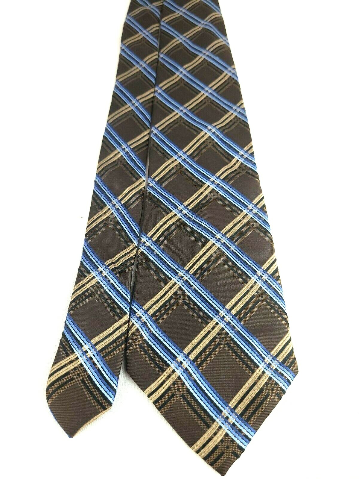 PRONTO UOMO Couture Brown Blue Tan Geometric 100% Silk Necktie Tie 3 3/4″ X 60.5