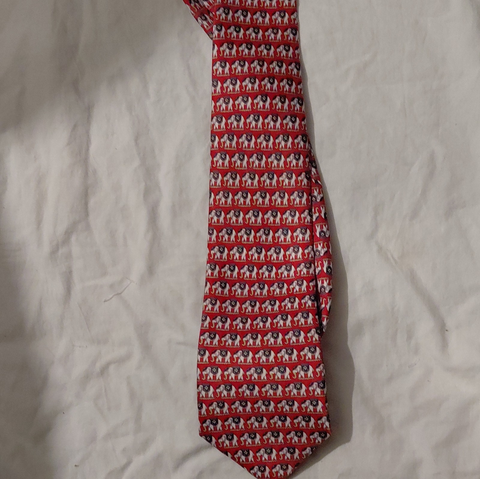 Mercedes Handmade Red Elephant Animal Print Men’s Tie Red White Blue