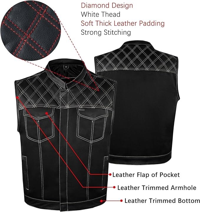 SOA Men’s Motorcycle Club Denim & Leather Vest Concealed Carry Pocket Multicolor