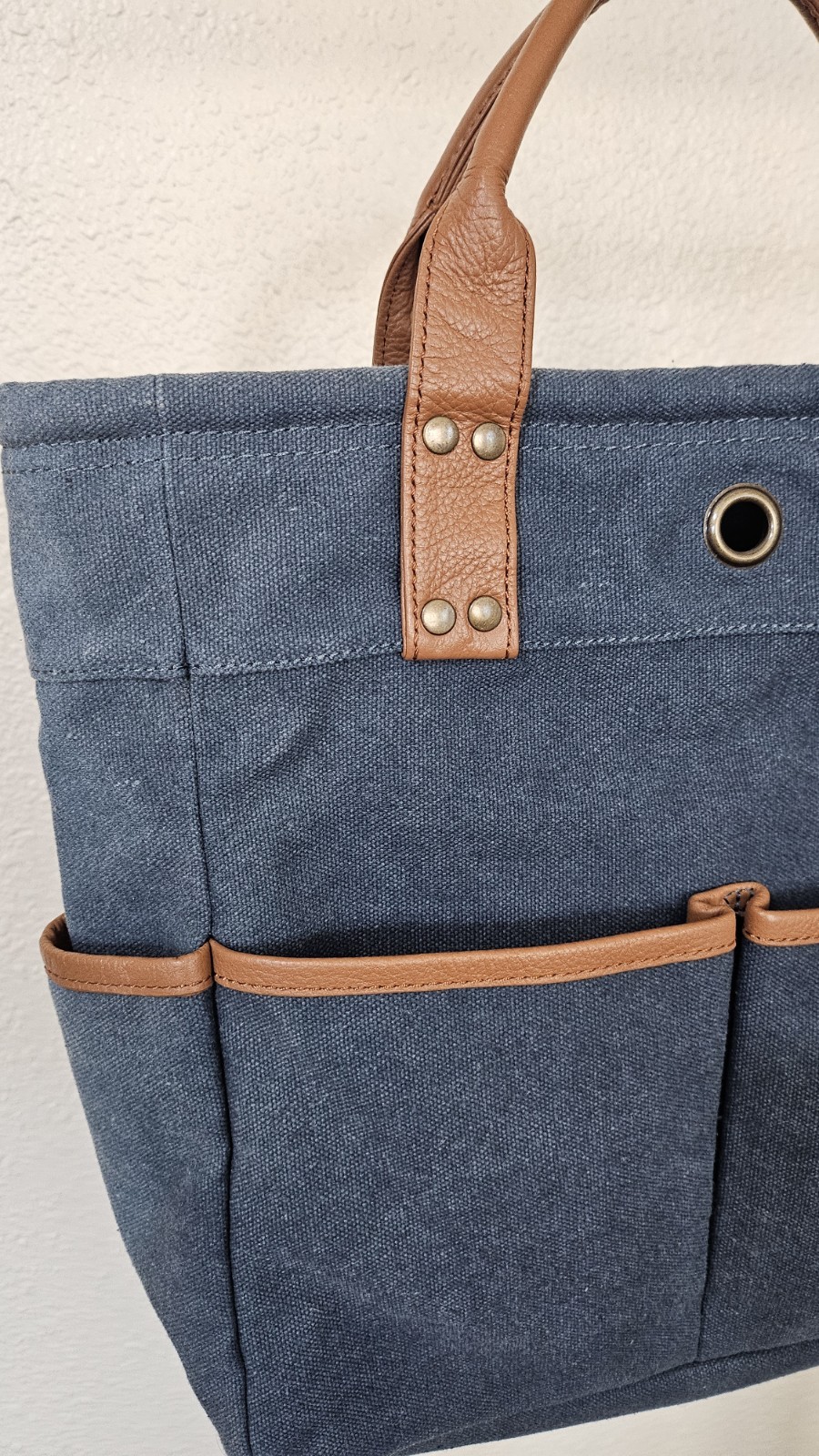 LEVENGER Blue Navy Dark Denim Canvas Brown Leather Medium Pocket Tote Bag Purse